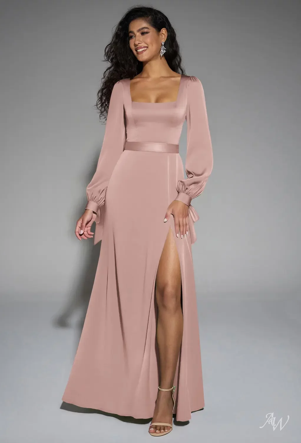 AW Rose Dress, Dark Navy Satin Charmeuse Floor Length Square